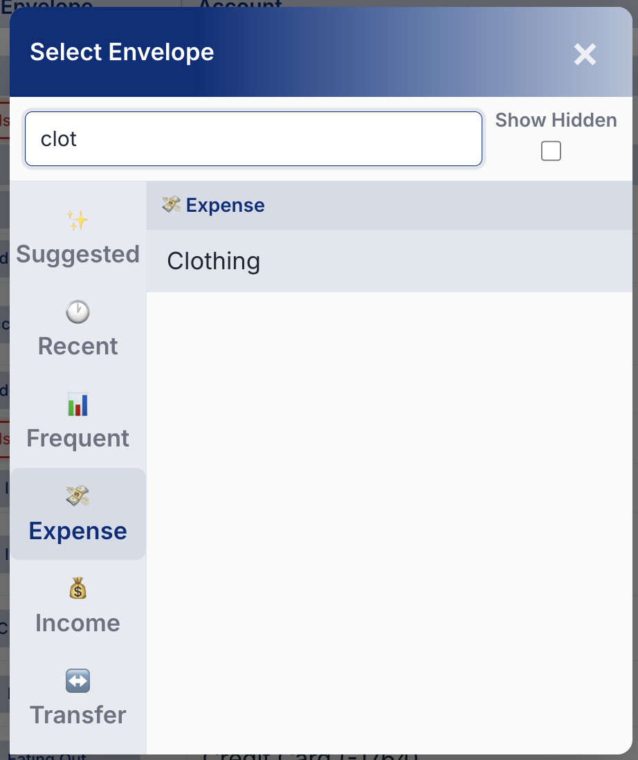 Typing “clot” in the search box finds Clothing