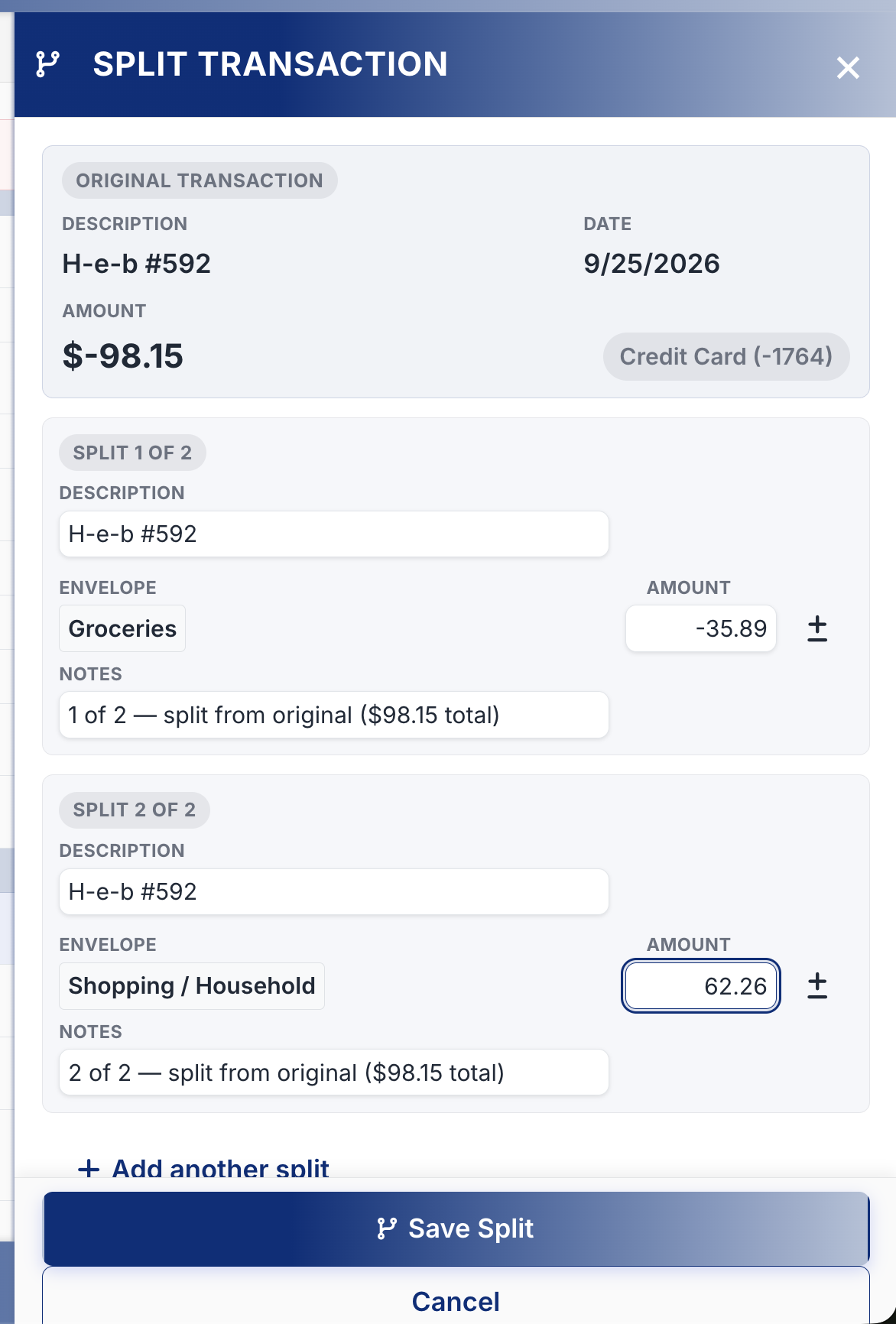 Splitting a $98.15 receipt between Groceries and Shopping / Household — Save Split is ready once the lines add up