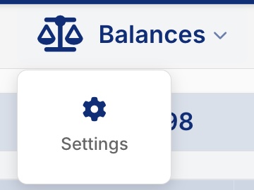 Balances tab menu open, showing Settings