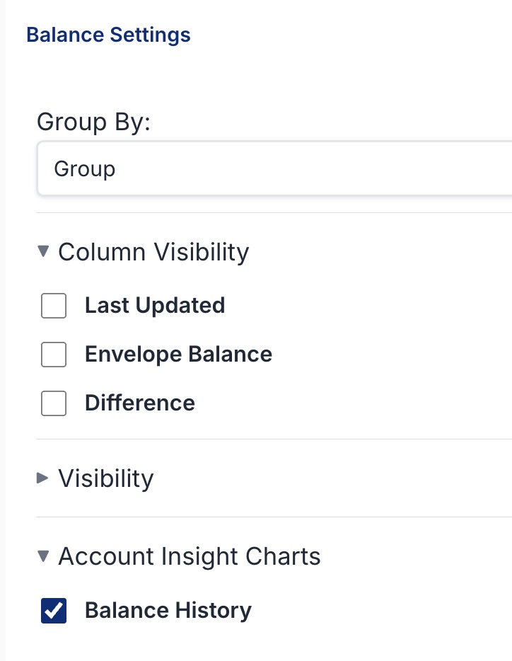 Balance Settings panel with Group By, Column Visibility, a collapsed Visibility section, and Account Insight Charts