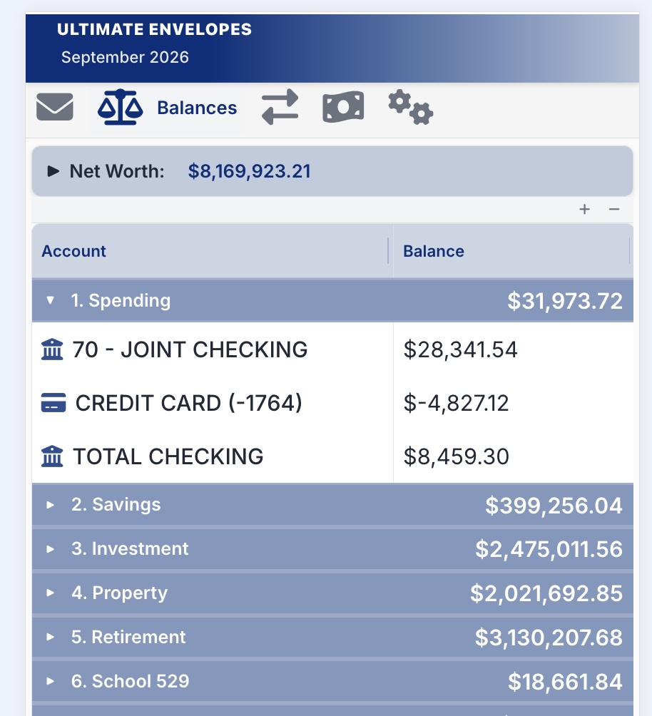 Balances tab showing accounts grouped by type with net worth total