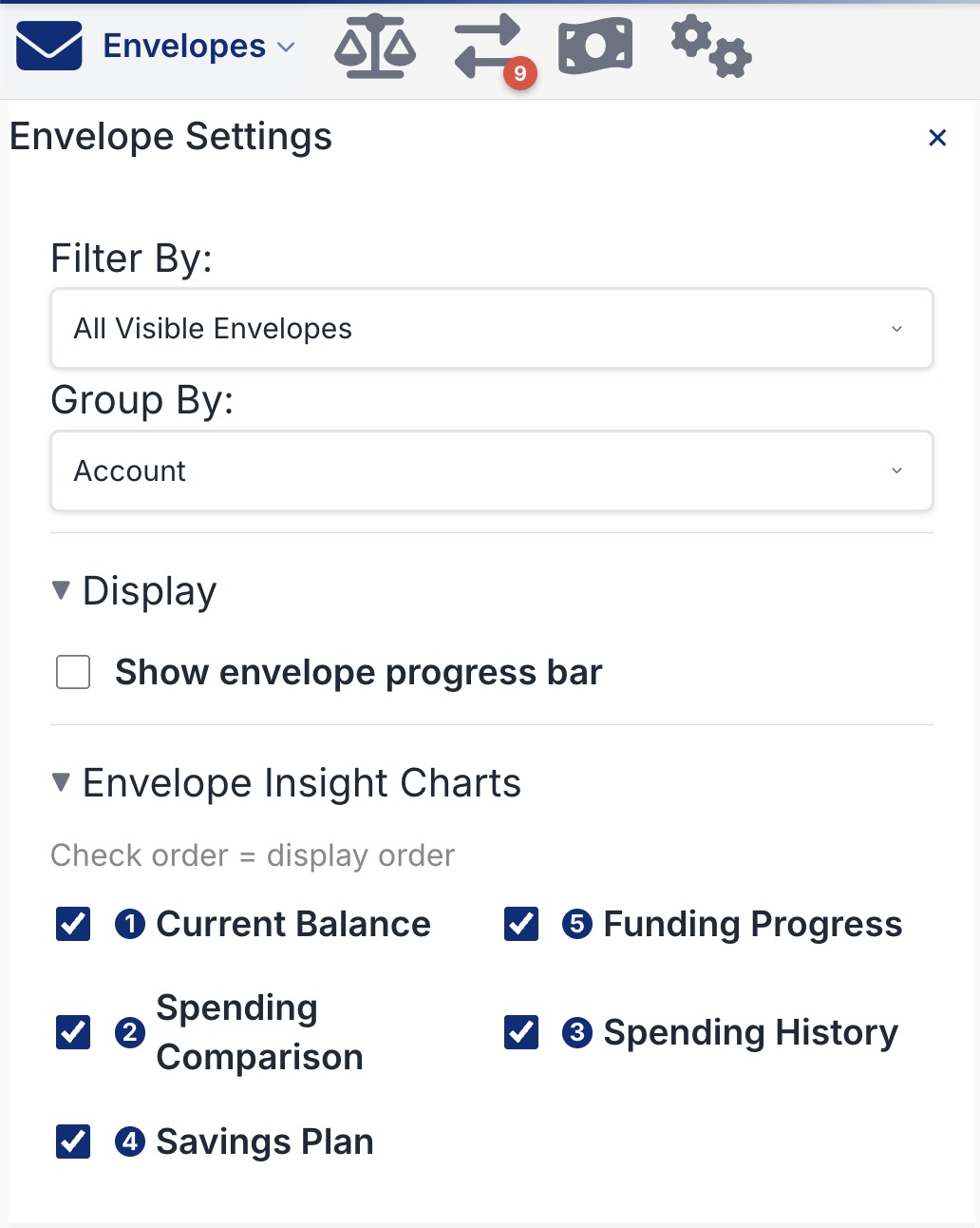 Envelope Settings panel with Filter By, Group By, Display, and Envelope Insight Charts with numbered order