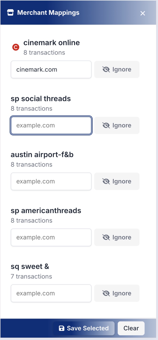 Merchant Mappings panel listing merchants with website fields and Ignore buttons, plus Save Selected and Clear