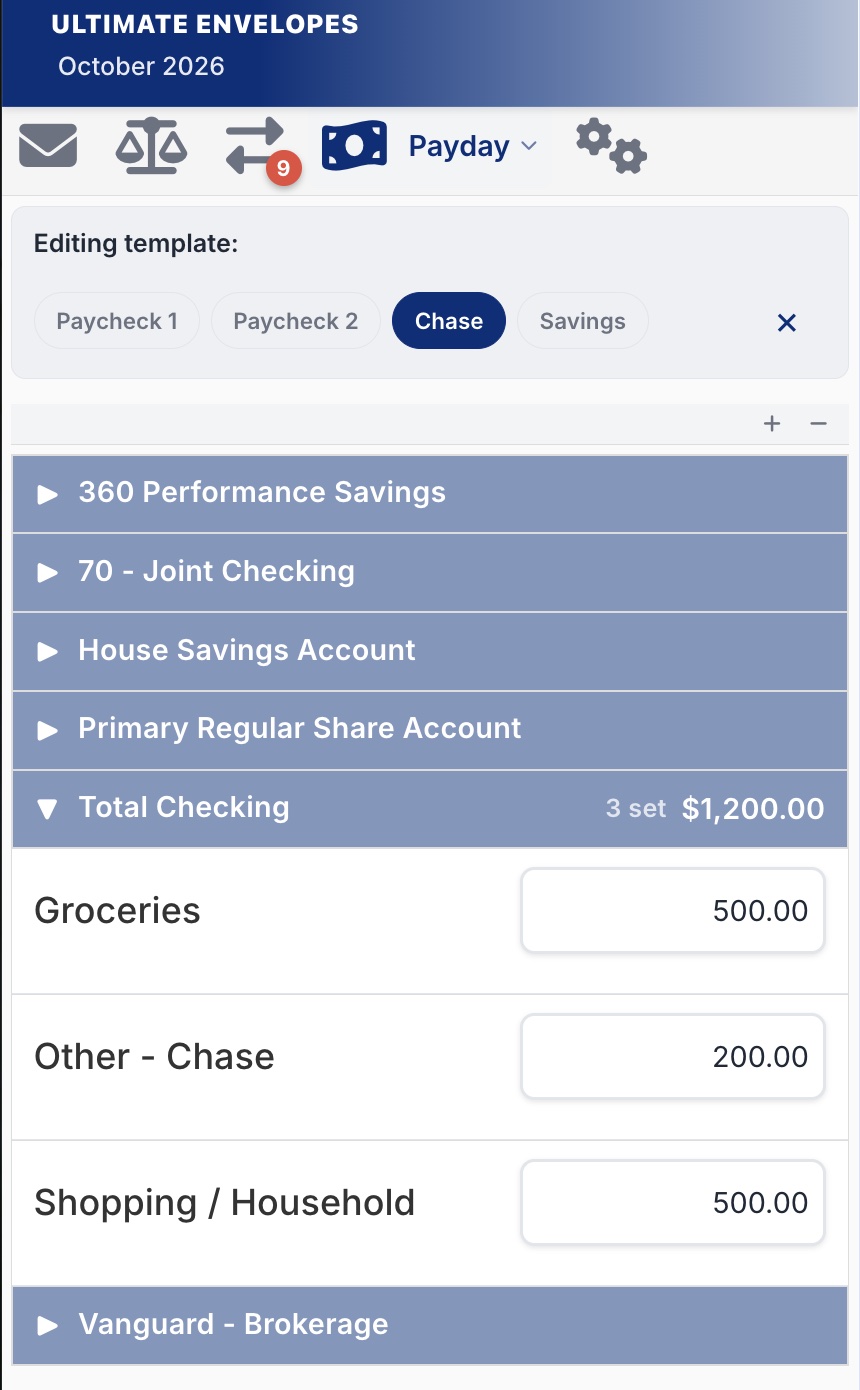 Editing template screen with Paycheck 1, Paycheck 2, Chase, and Savings template chips, and envelope amounts grouped by account