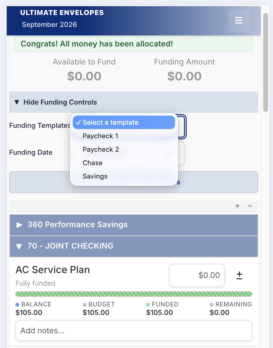 Funding Templates dropdown on the Payday tab