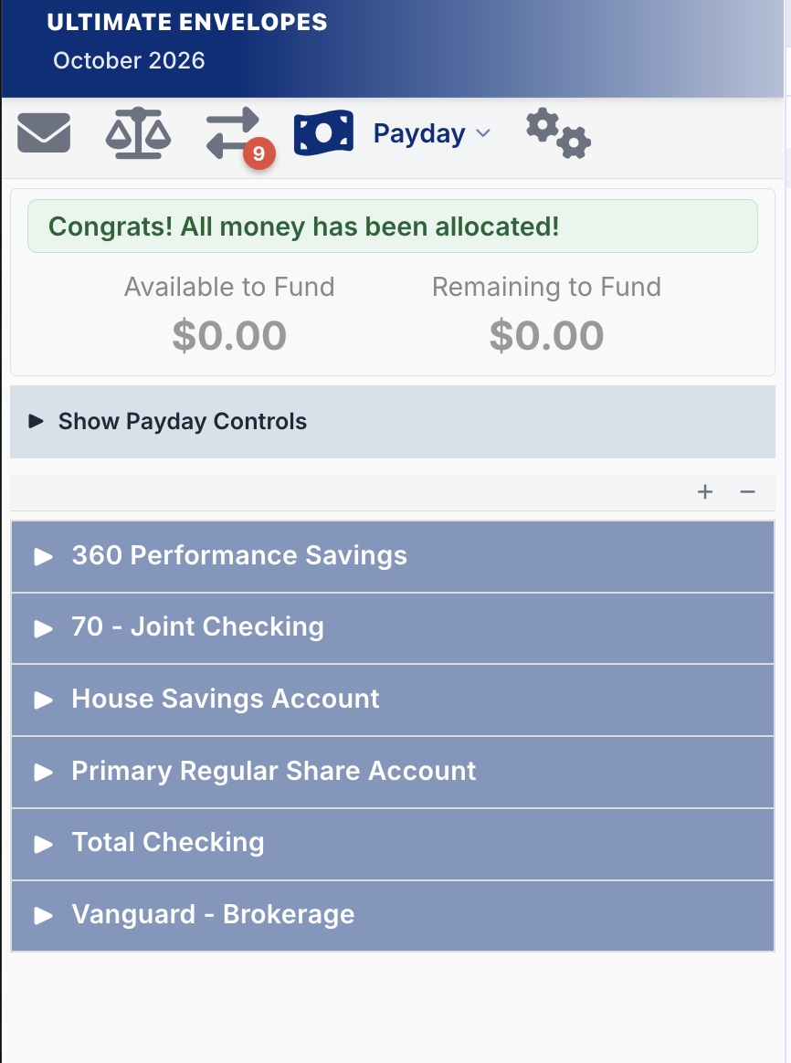 Payday tab showing Available to Fund and Remaining to Fund, Show Payday Controls, and envelopes grouped by funding account