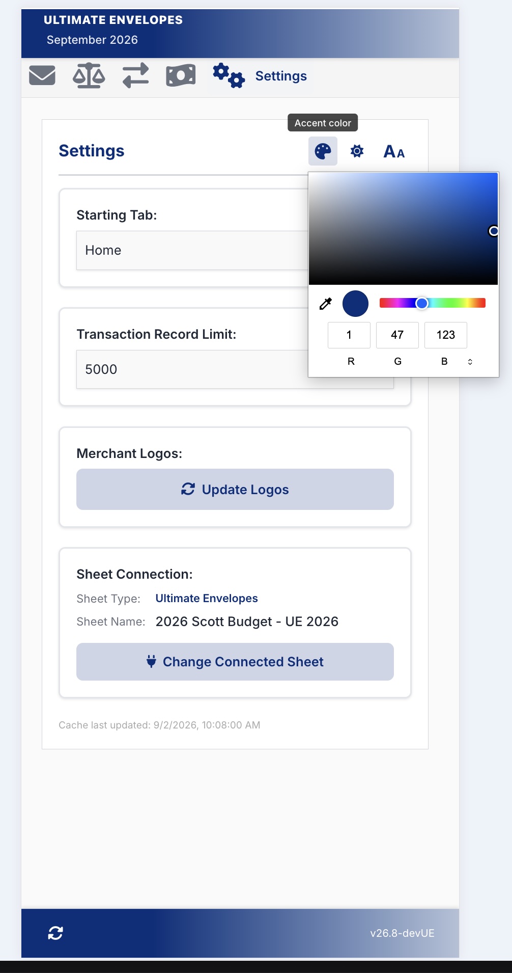 Settings page with an accent color picker open