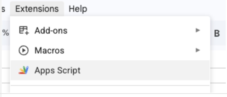 Extensions menu open, showing the Apps Script option