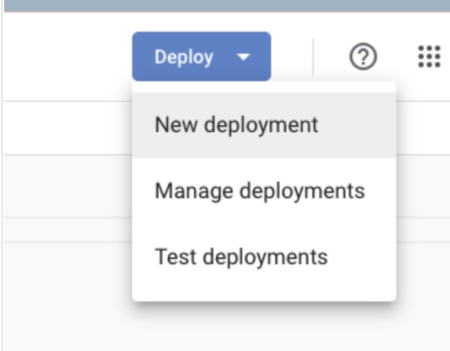Deploy menu open, showing the New deployment option