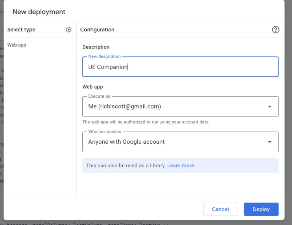 New deployment dialog with description field and Deploy button