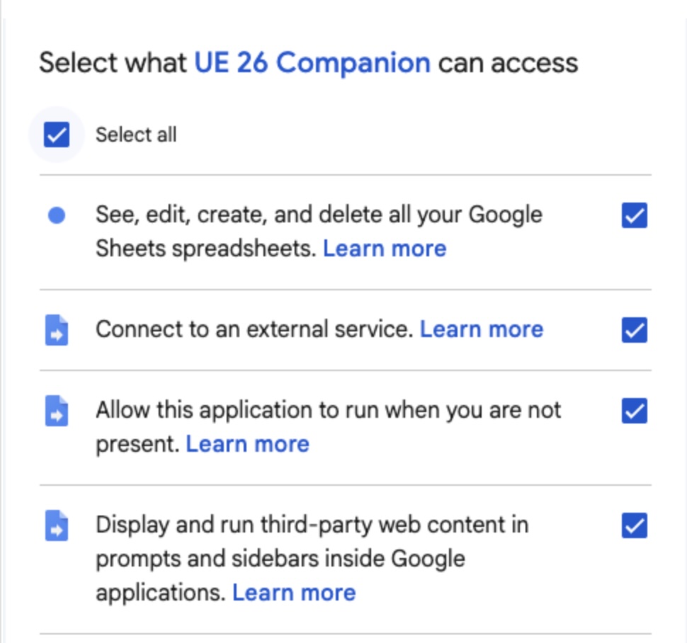 Permissions screen with Select all checkbox and Continue button