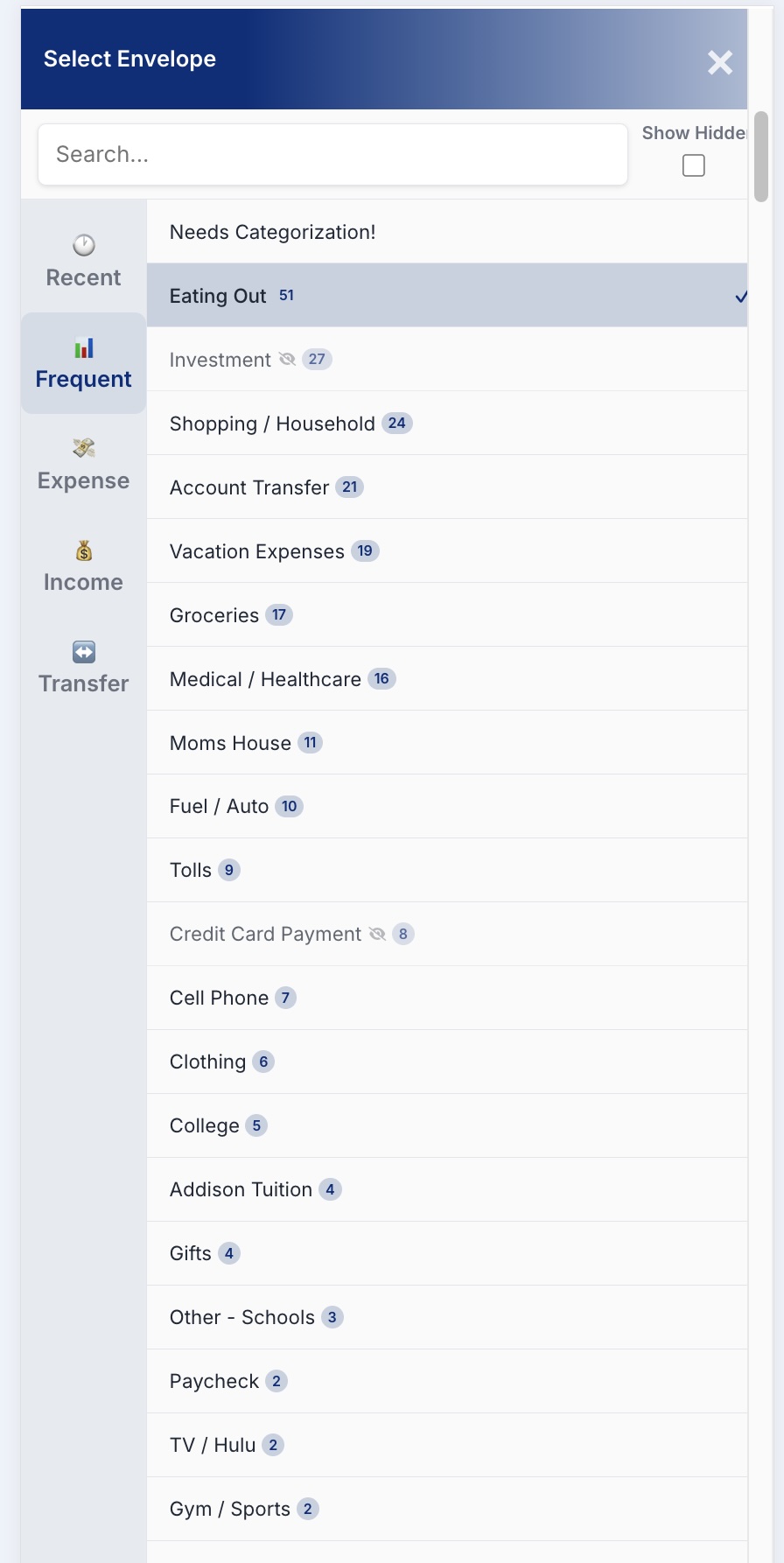 Envelope picker for categorizing a transaction, organized into Recent, Frequent, Expense, Income, and Transfer tabs