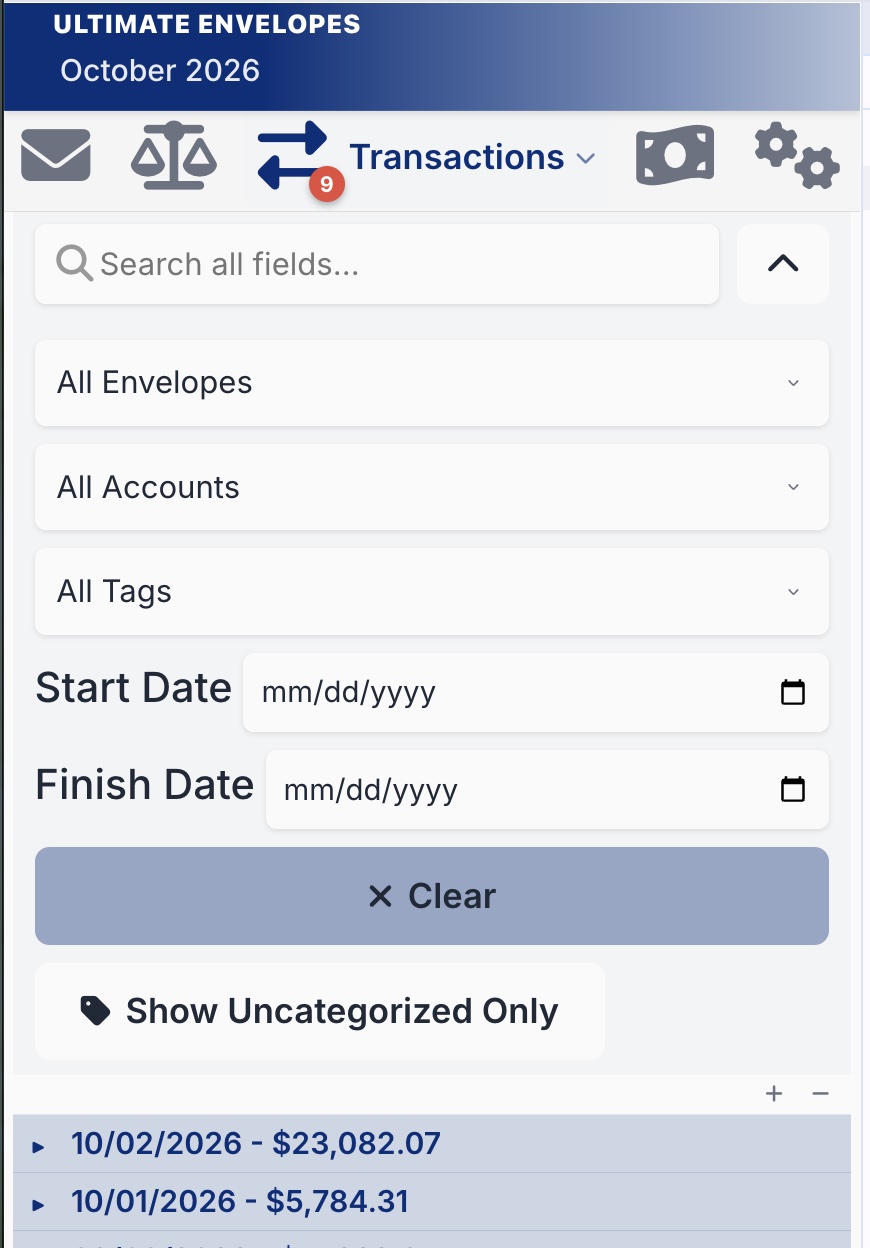 Search and filter panel with search box, envelope, account, and tag dropdowns, date range, Clear, and Show Uncategorized Only