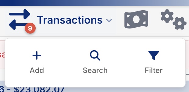 Transactions menu open, showing Add, Search, and Filter