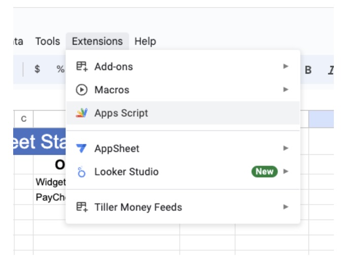 Extensions menu open, showing the Apps Script option