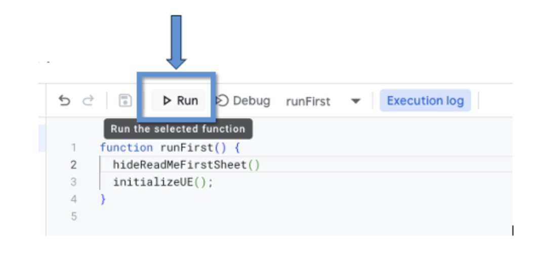 Apps Script editor showing the Run button and the runFirst function