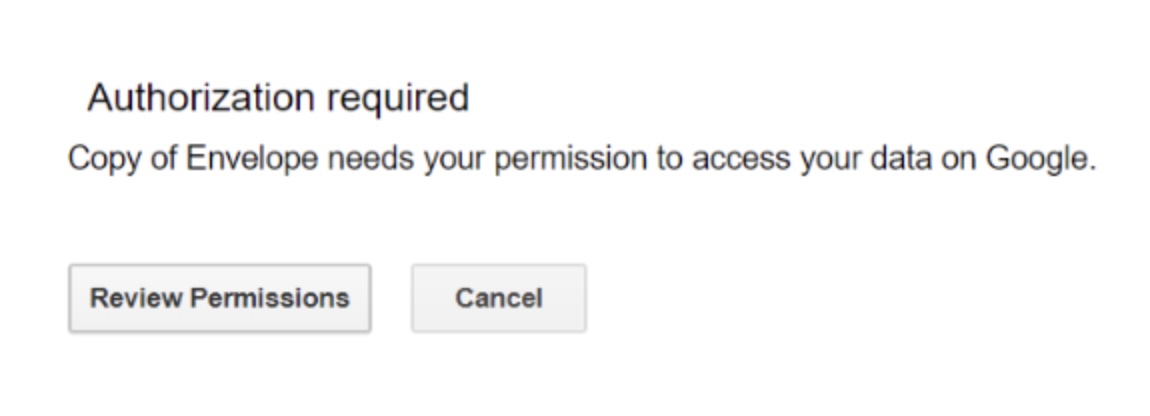 Authorization required prompt with Review Permissions and Cancel buttons