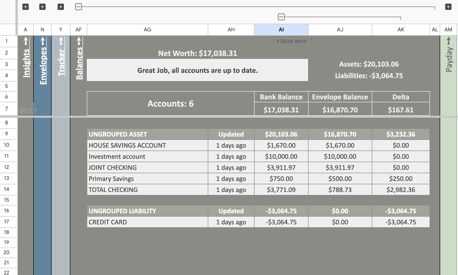 Balances tab showing net worth and accounts grouped by type