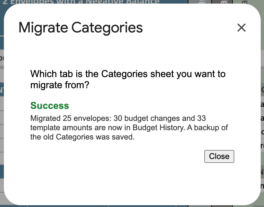 Migrate Categories dialog showing Success: migrated 25 envelopes, 30 budget changes and 33 template amounts