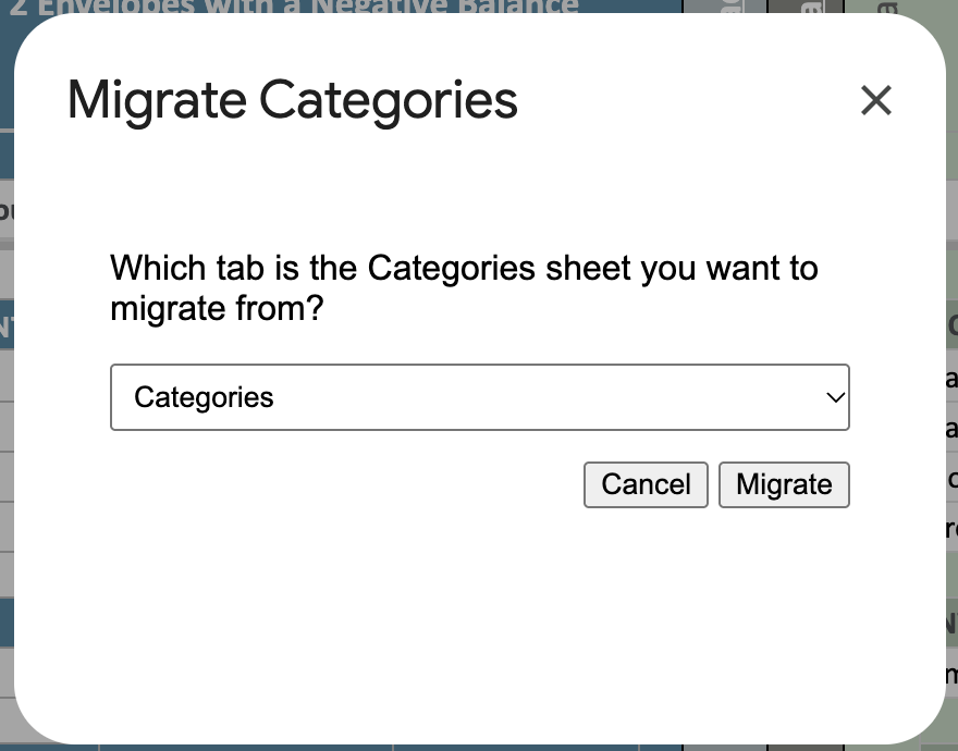Migrate Categories dialog asking which tab is the Categories sheet, with Categories selected and Cancel and Migrate buttons