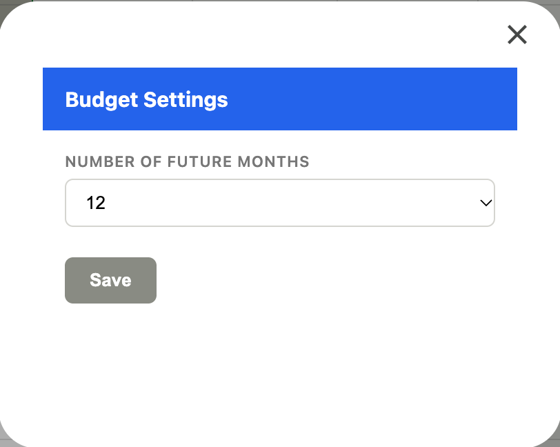 Budget Settings dialog with Number of Future Months set to 12 and a Save button