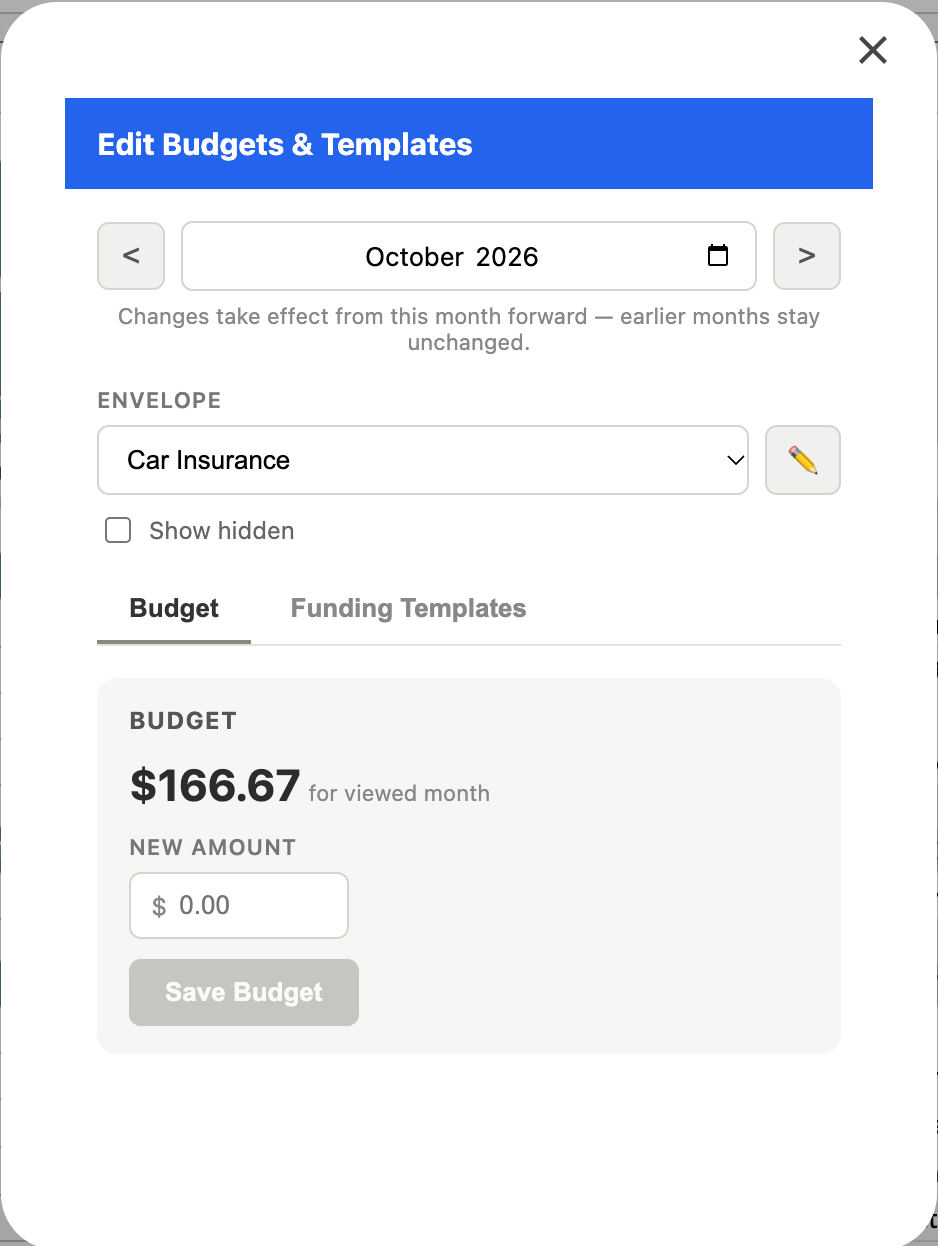 Edit Budgets and Templates dialog on the Budget tab: October 2026, Car Insurance, budget $166.67 for viewed month, New Amount box and Save Budget button