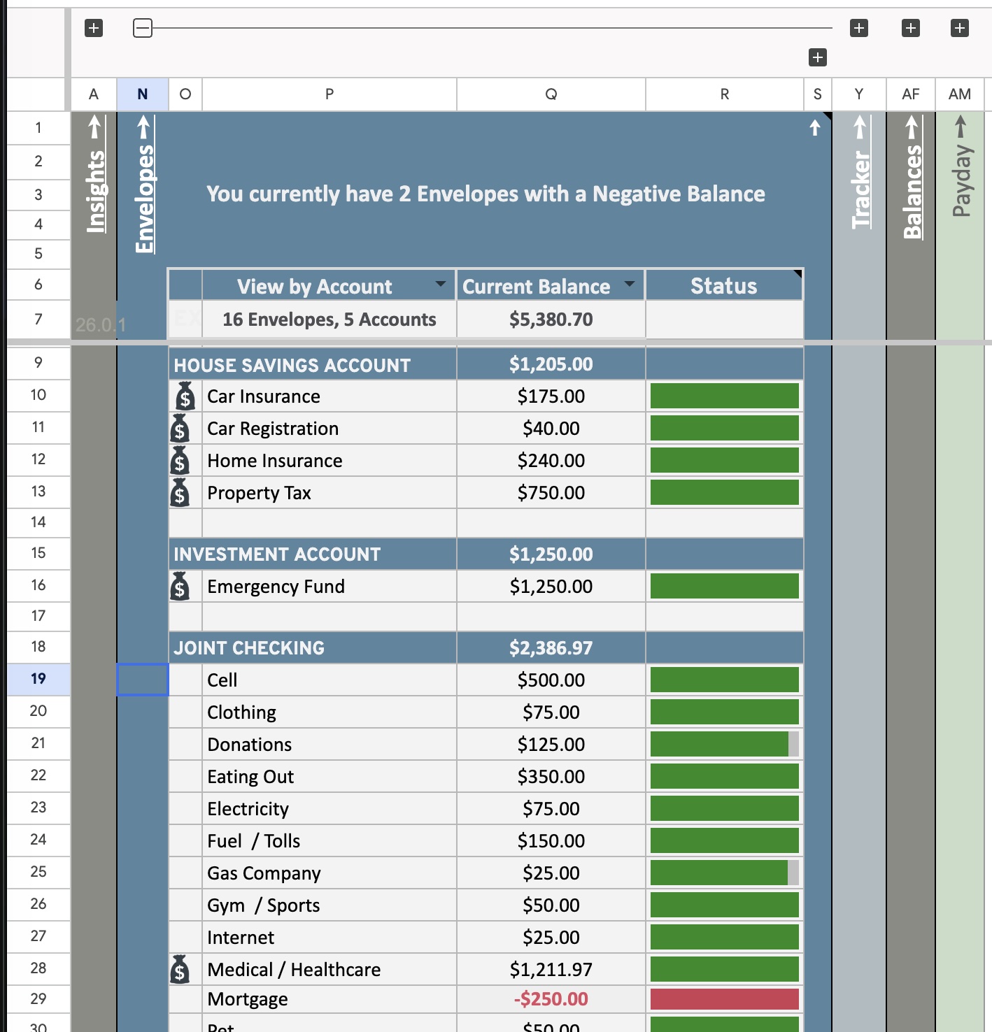 Envelopes tab showing groups with color-coded balance bars