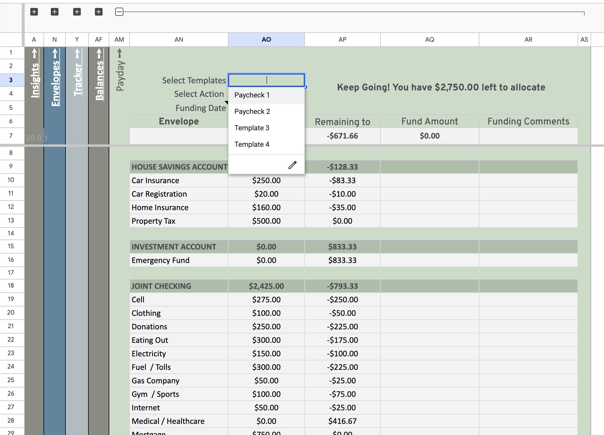 Payday tab showing funding templates and envelope fund amounts