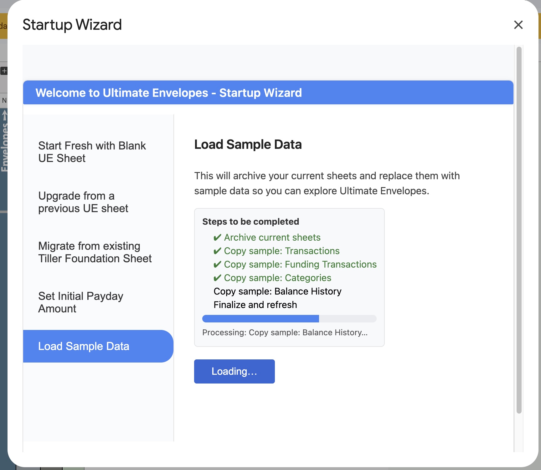 Startup Wizard loading sample data, showing progress through archiving sheets and copying sample transactions