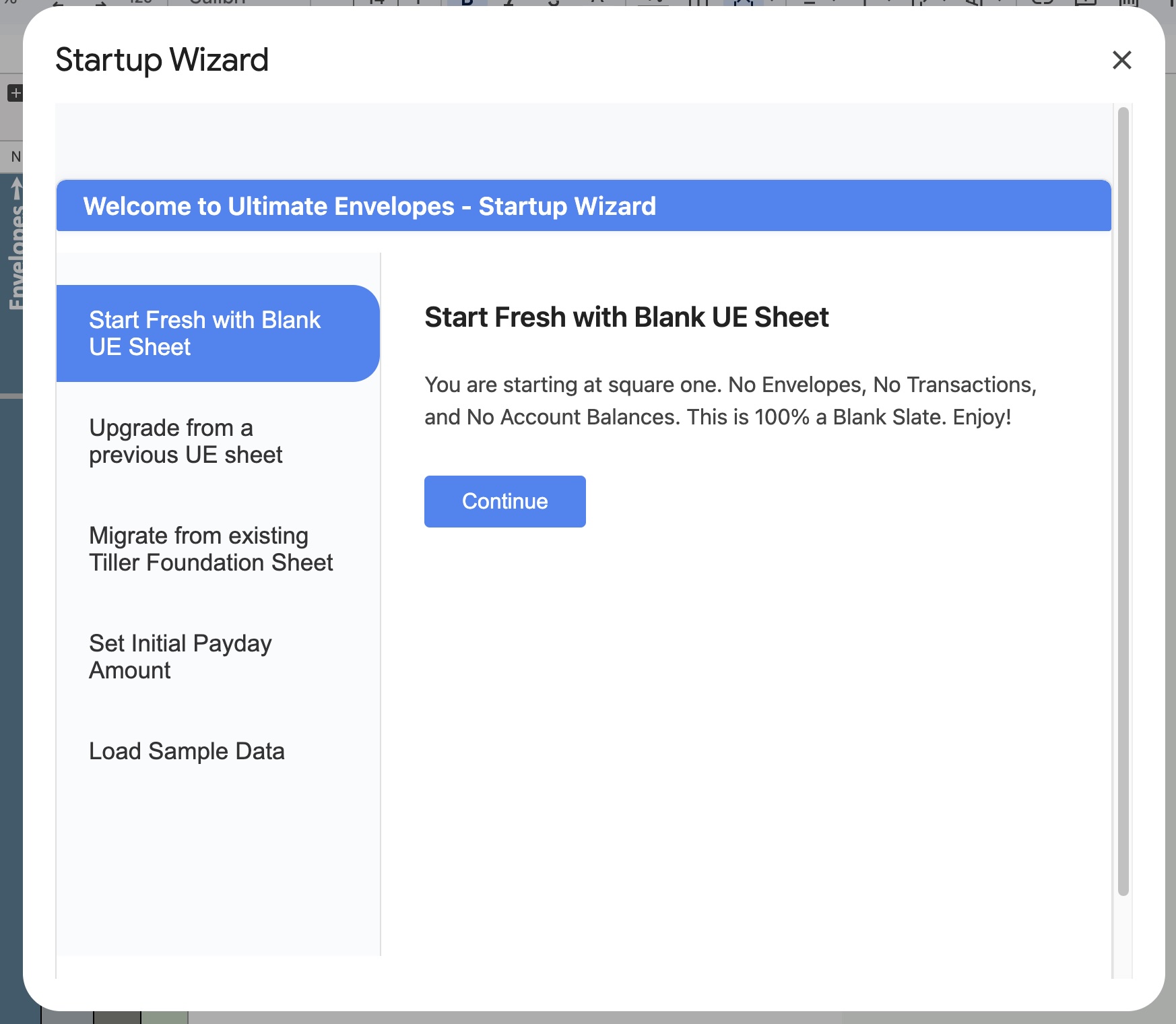 Startup Wizard with options to start fresh, upgrade, migrate from Tiller, set initial Payday amount, or load sample data