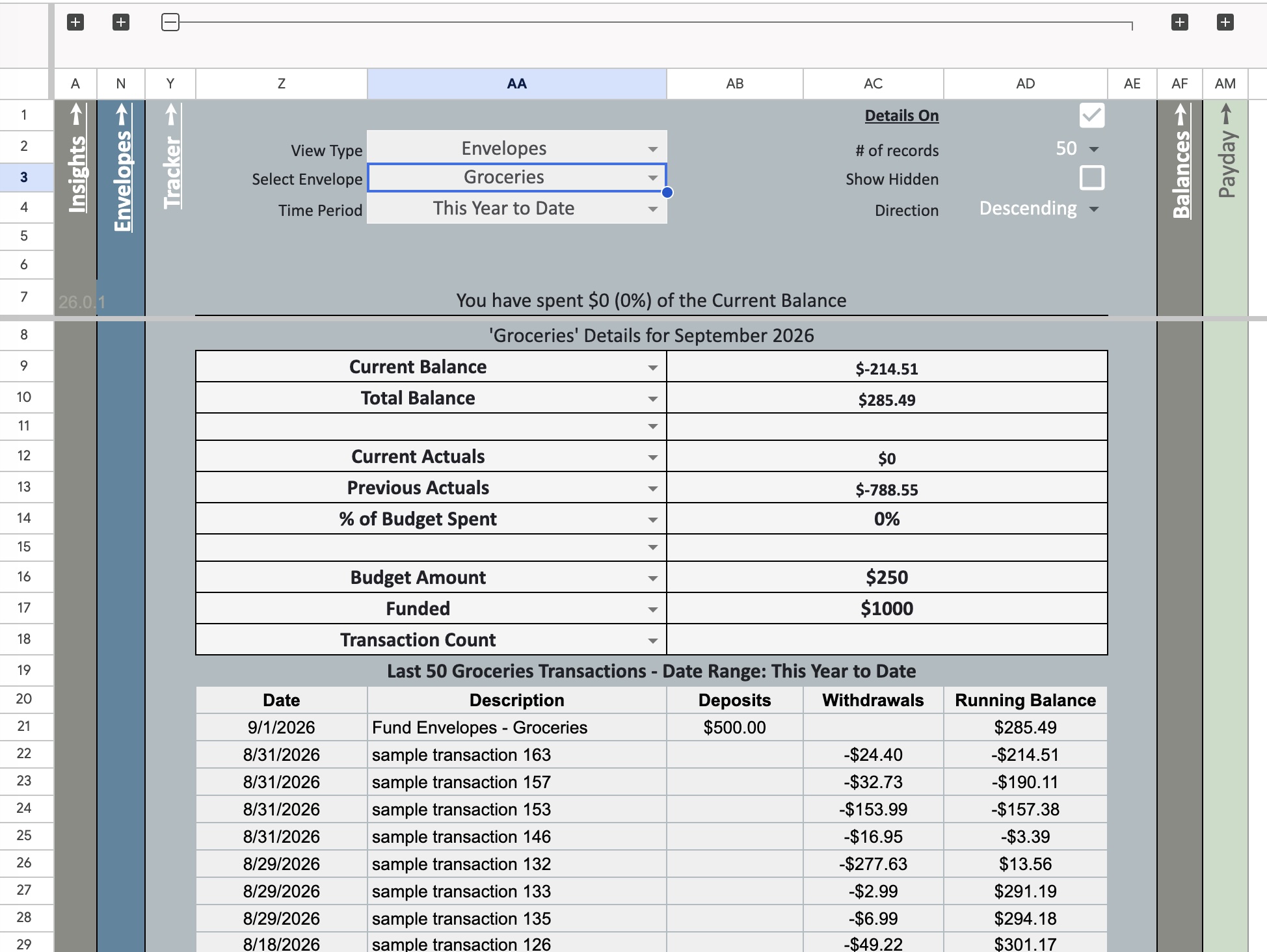 Tracker tab showing Groceries envelope with transaction history
