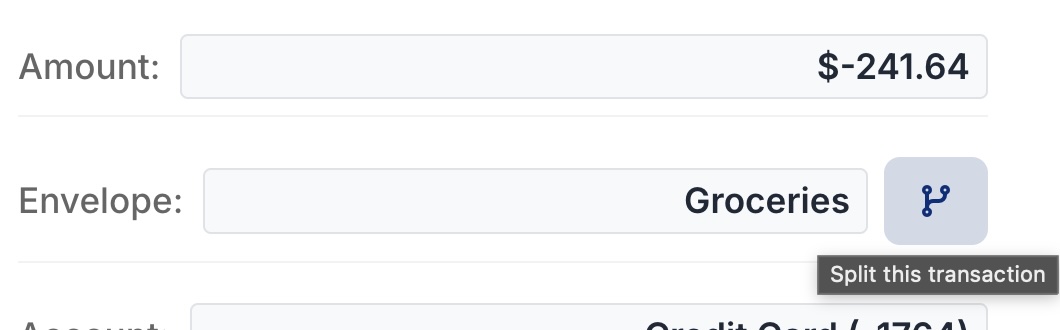Envelope field on an open transaction with a branch icon next to it, tooltip reading Split this transaction