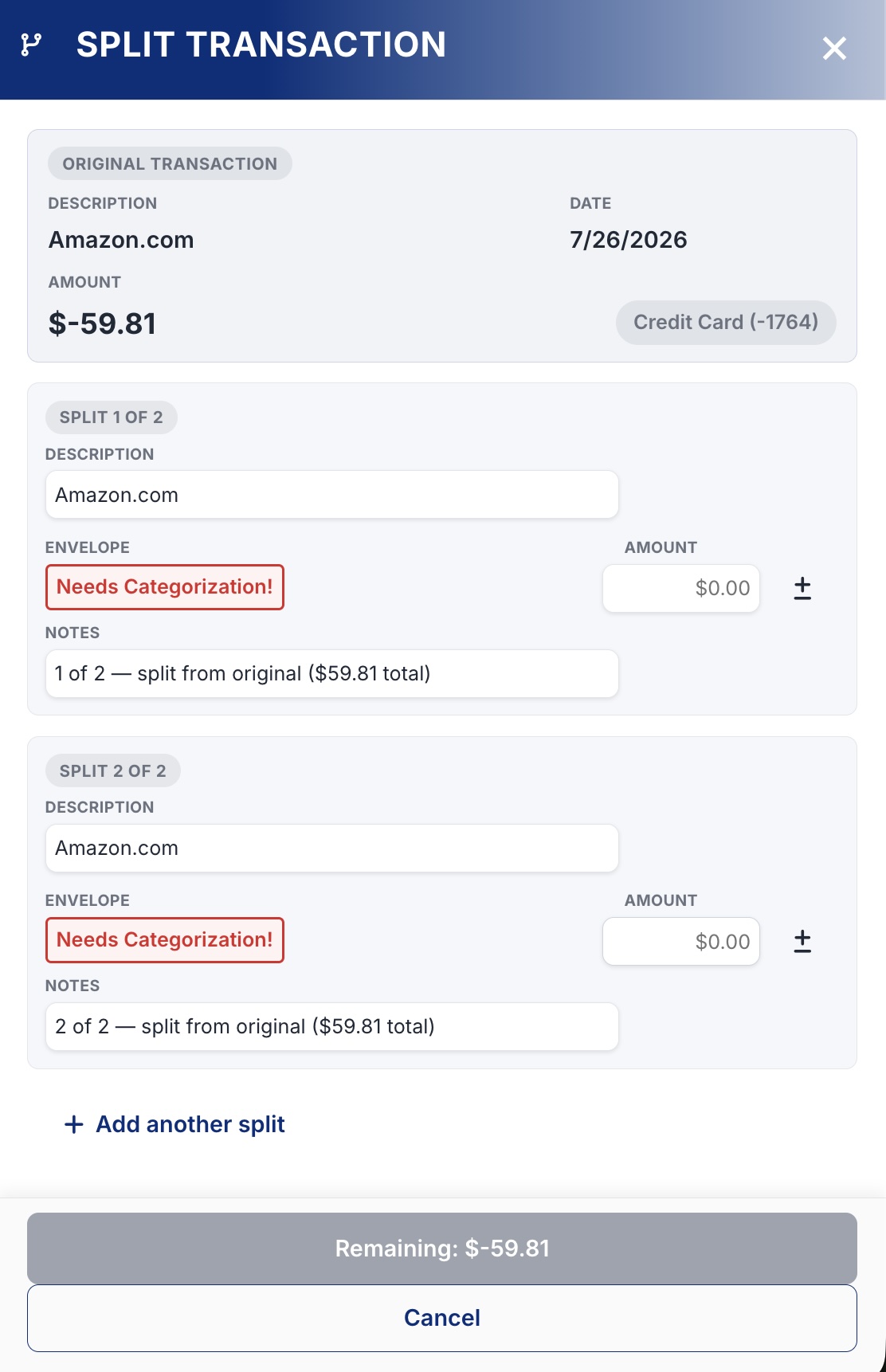 Split Transaction screen showing the original transaction card and two split lines, each with Description, Envelope, Amount, and Notes fields